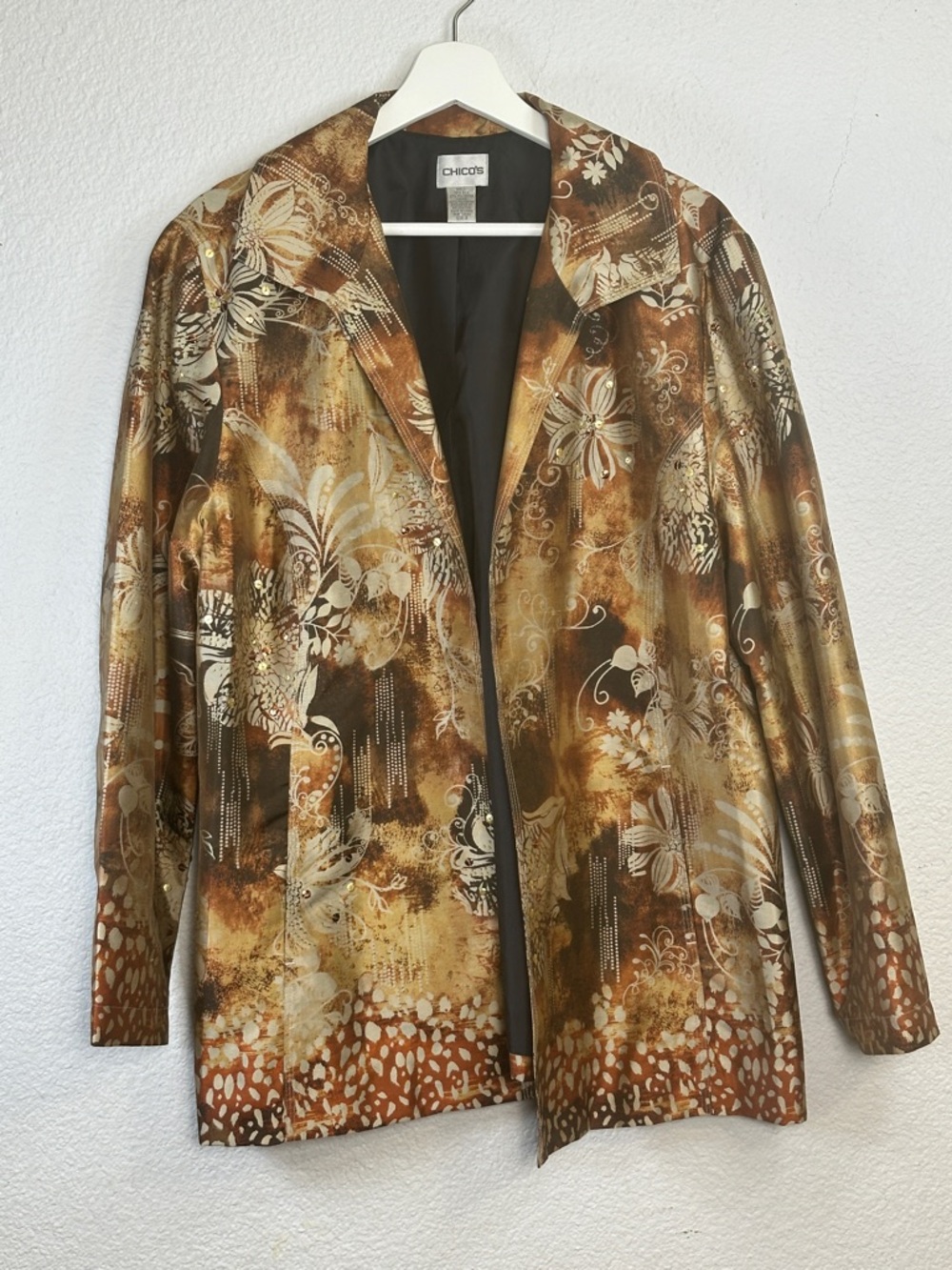Chicos Silk Blend Blazer Open Front Tan Long Sleeve Jacket Women’s XL
